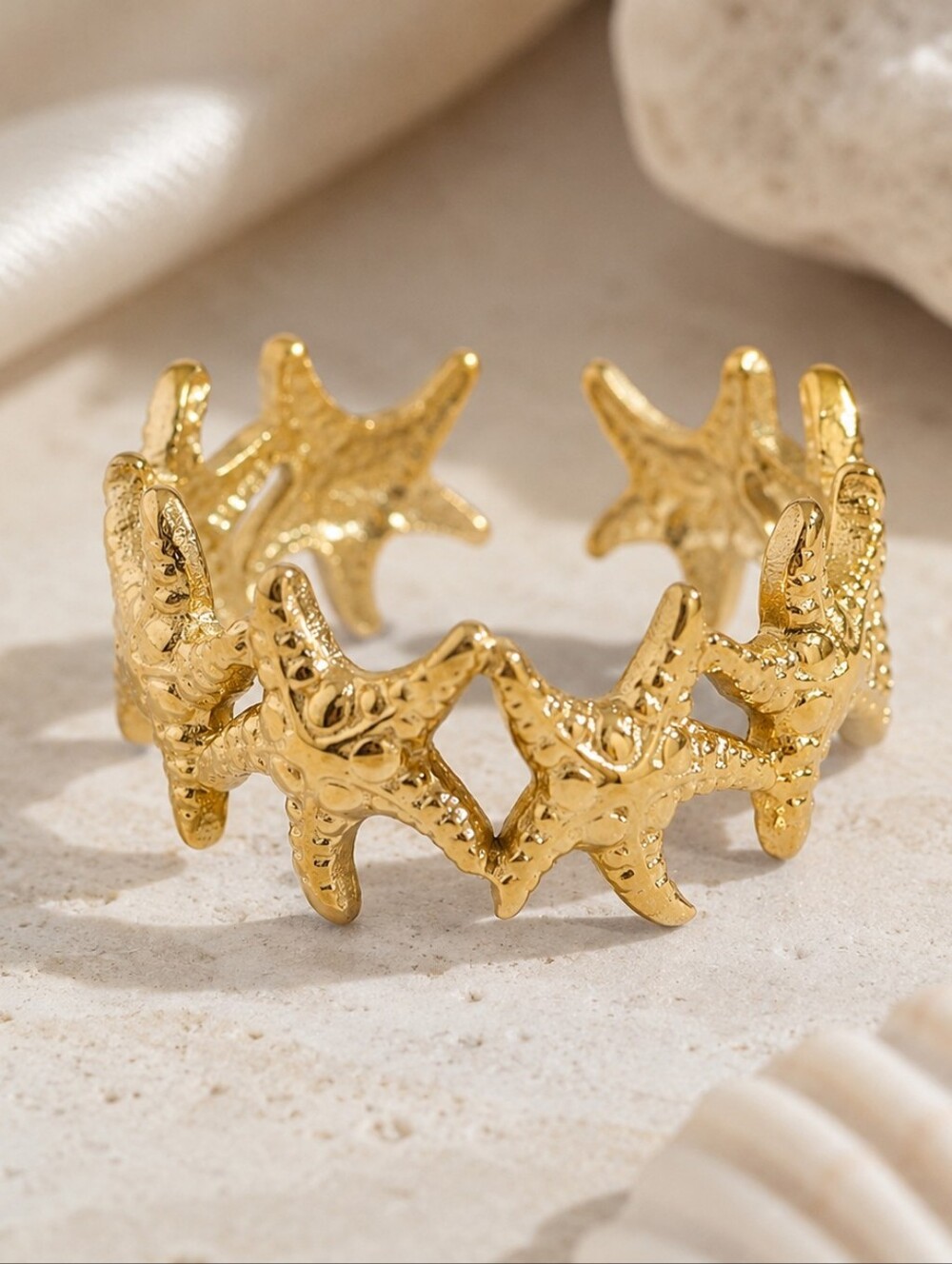 18KGP Gold Starfish Ring Coastal Luxe Beach Jewelry Adjustable Size 7-9